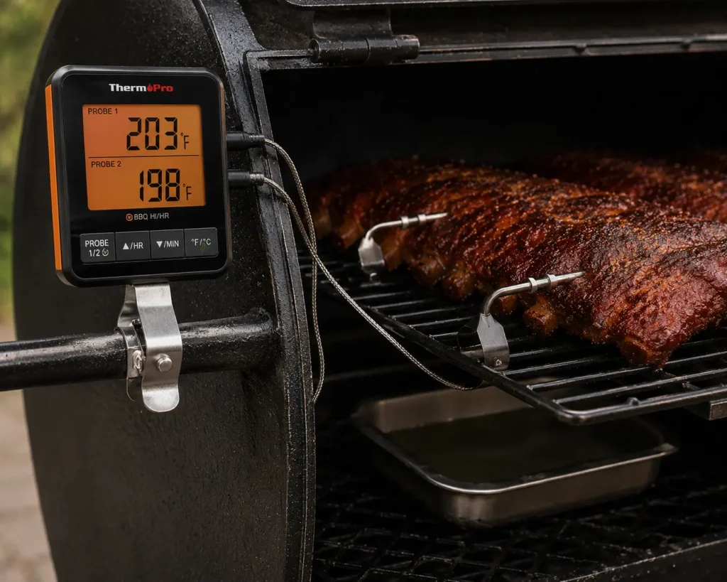 A digital temperature probe clipped to the cooking grate inside an offset smoker for accurate readings.