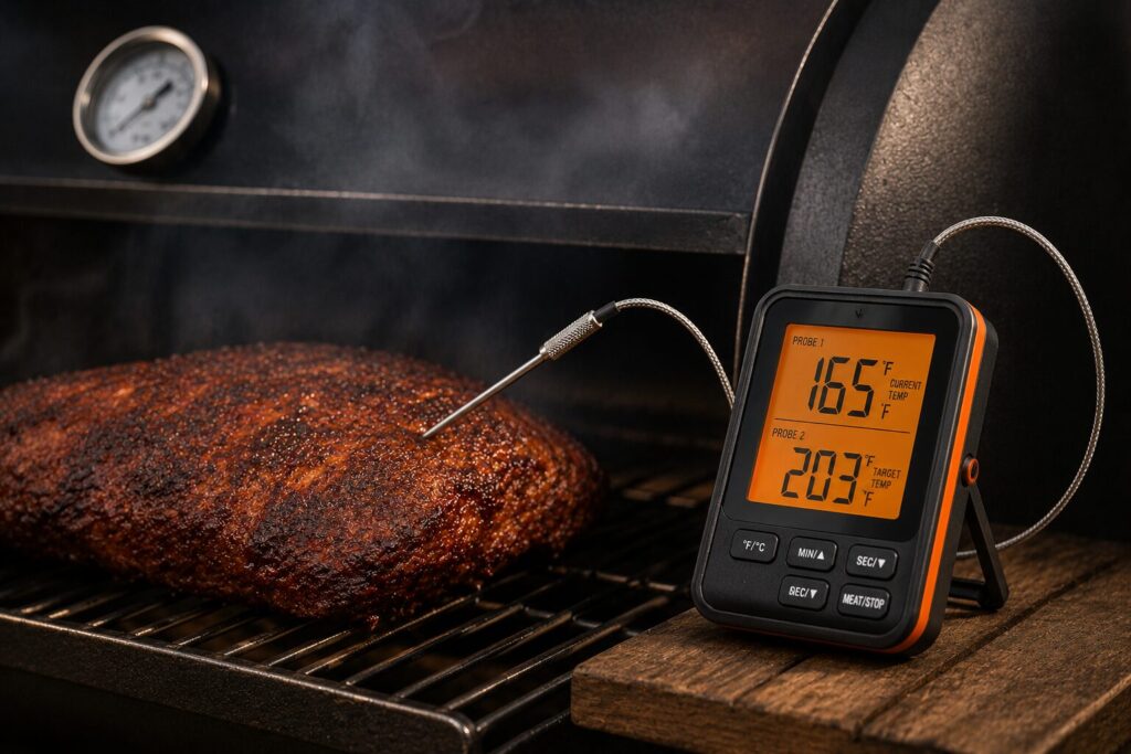 A digital dual-probe thermometer monitoring the internal temperature of meat inside a cheap smoker.