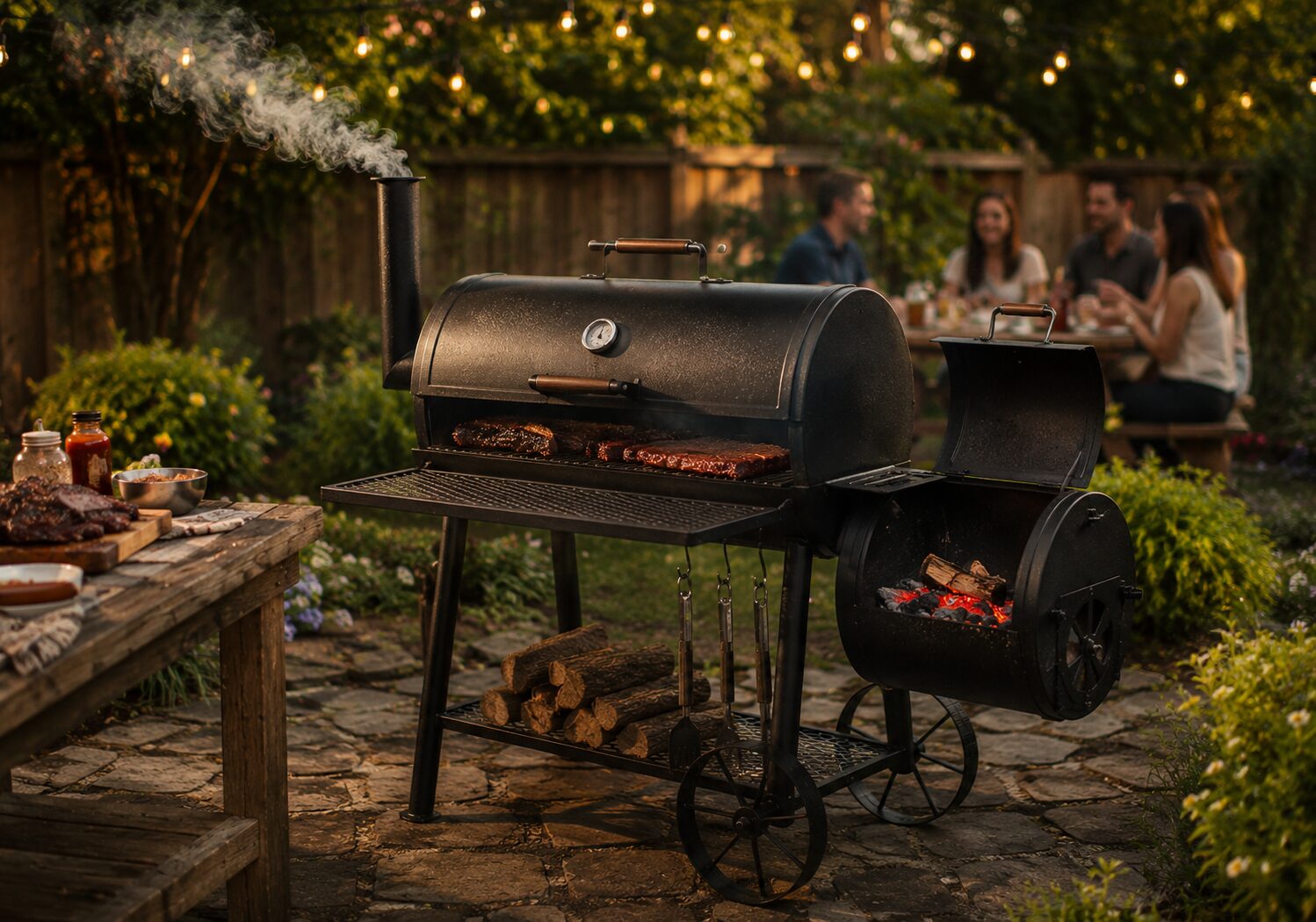Dyna-Glo offset smoker setup in a backyard producing clean blue smoke for a barbecue.