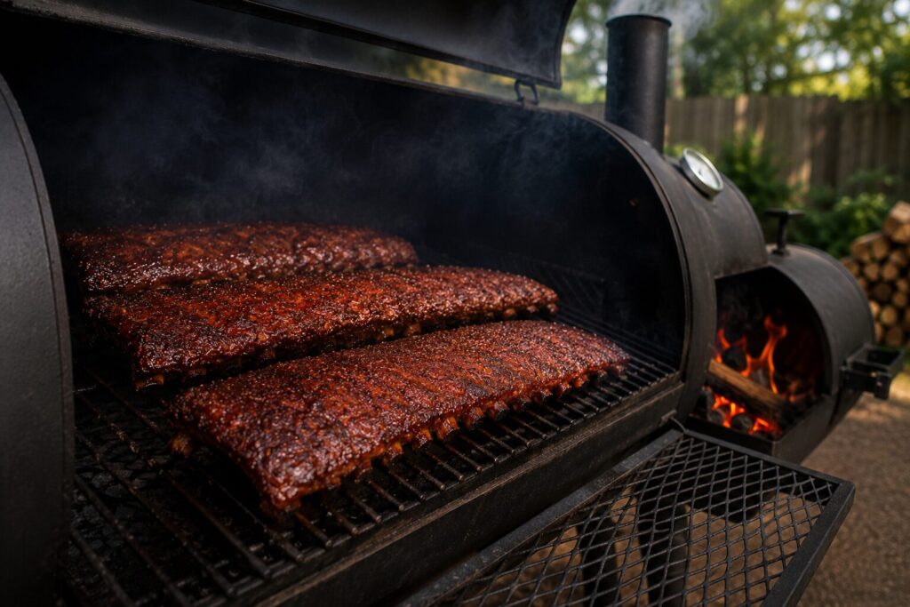 Multiple racks of baby back ribs cooking inside a large capacity wide body offset smoker.