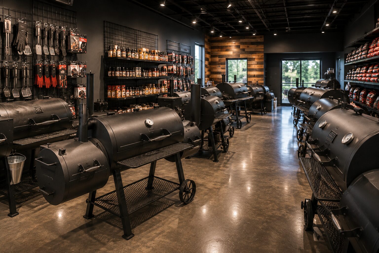 A row of heavy-duty offset smokers displayed outside a local hardware and outdoor cooking retail store.
