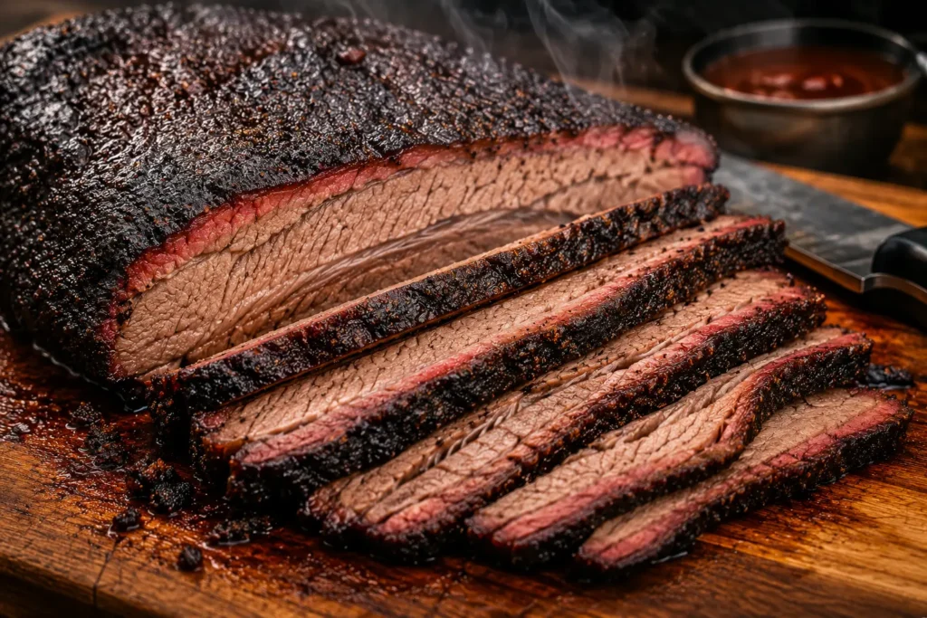 Sliced tender smoked brisket with a perfect bark and pink smoke ring cooked on an offset smoker.