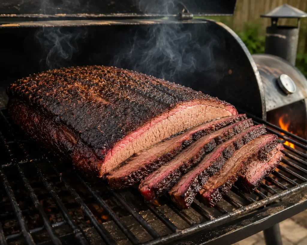 A whole smoked packer brisket resting on a wide horizontal smoker grate