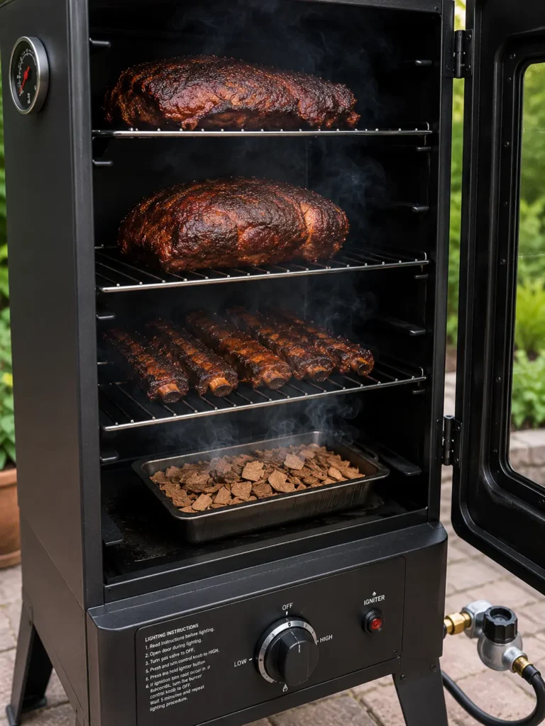 Hardwood chips placed inside a gas smoker wood chip box