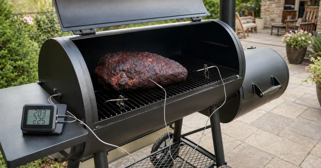 Digital ambient temperature probe attached to the cooking grate inside an offset smoker.