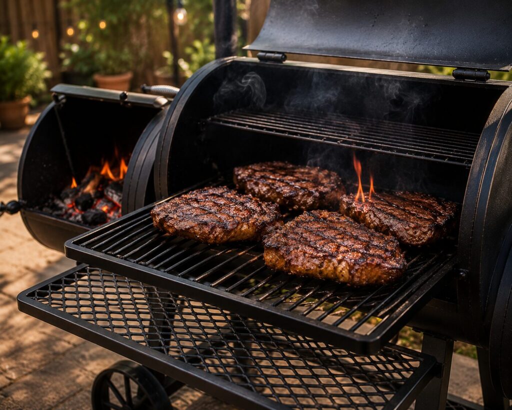 Sizzling beef steaks being grilled directly over charcoal inside the main chamber of an offset smoker grill.