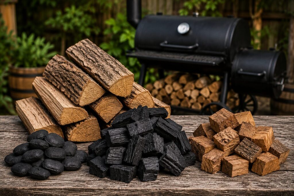 A pile of oak and hickory hardwood logs next to charcoal briquettes used for smoking meat.