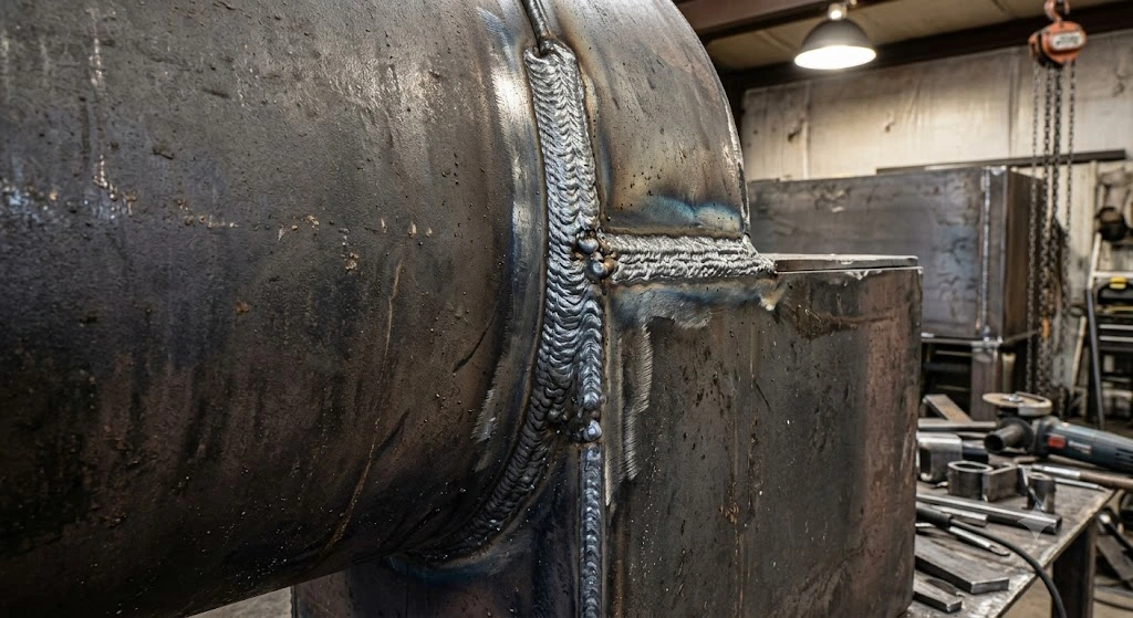 Close up of thick 1/4 inch steel welding and construction on a premium offset smoker.