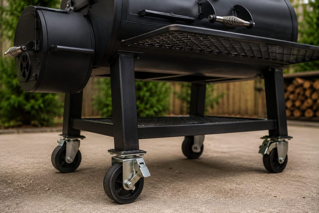 Close up of heavy-duty steel wheels and locking casters on a large offset smoker for easy mobility.