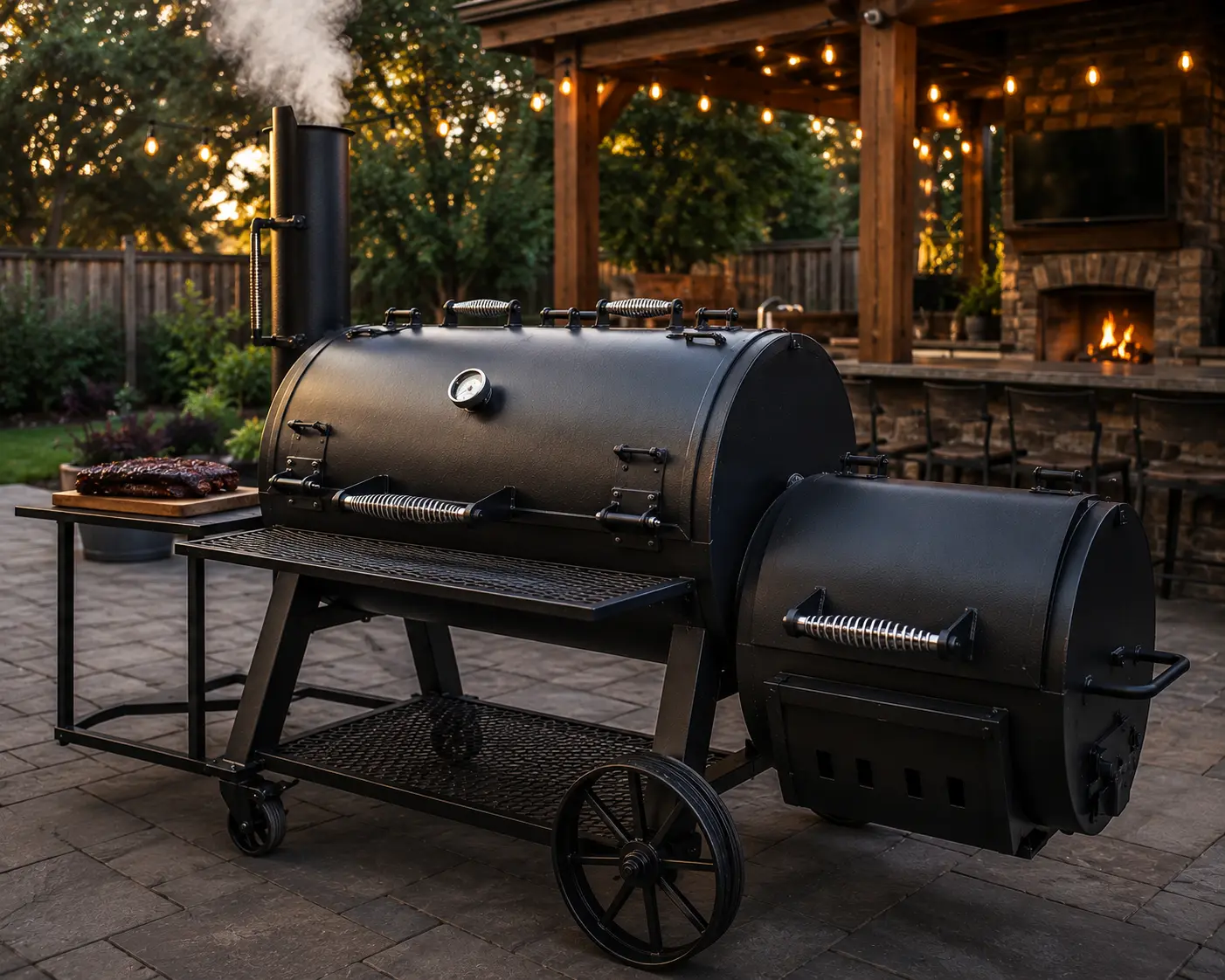 Heavy duty Horizon offset smoker set up on a backyard patio smoking meat.