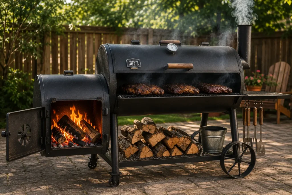 Heavy duty offset smoker showing horizontal cooking chamber and side firebox