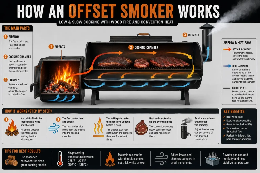An offset smoker showing the separate firebox on the side and the main cooking chamber.