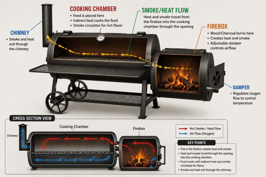 A side-by-side view of an offset smoker showing the main cooking chamber and side firebox.