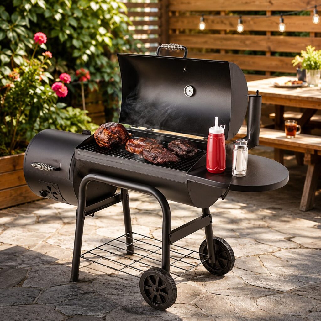 Heat and smoke flowing from the side firebox into the cooking chamber of an offset smoker.