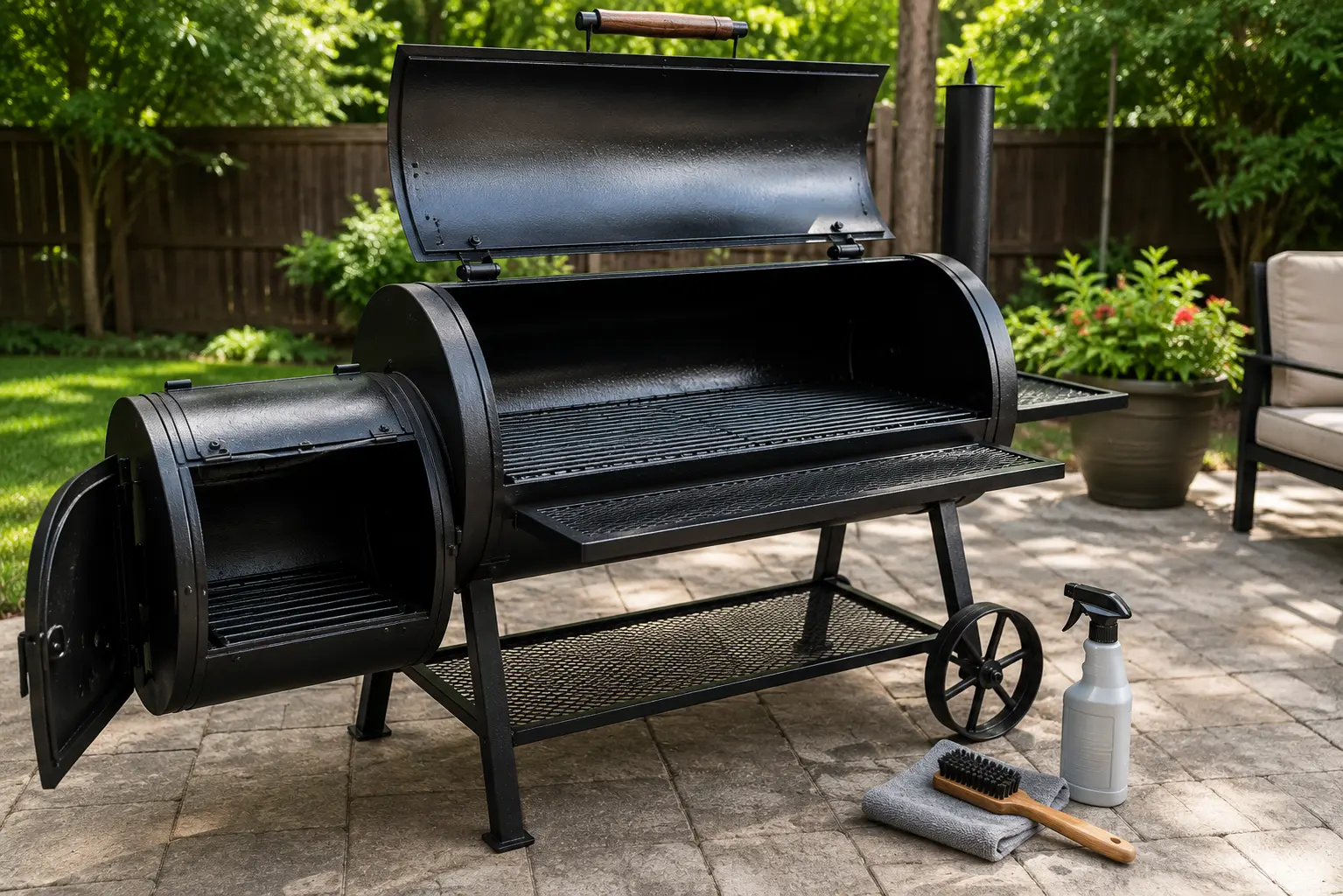 A clean black steel offset smoker sitting on a backyard patio, ready for cooking.