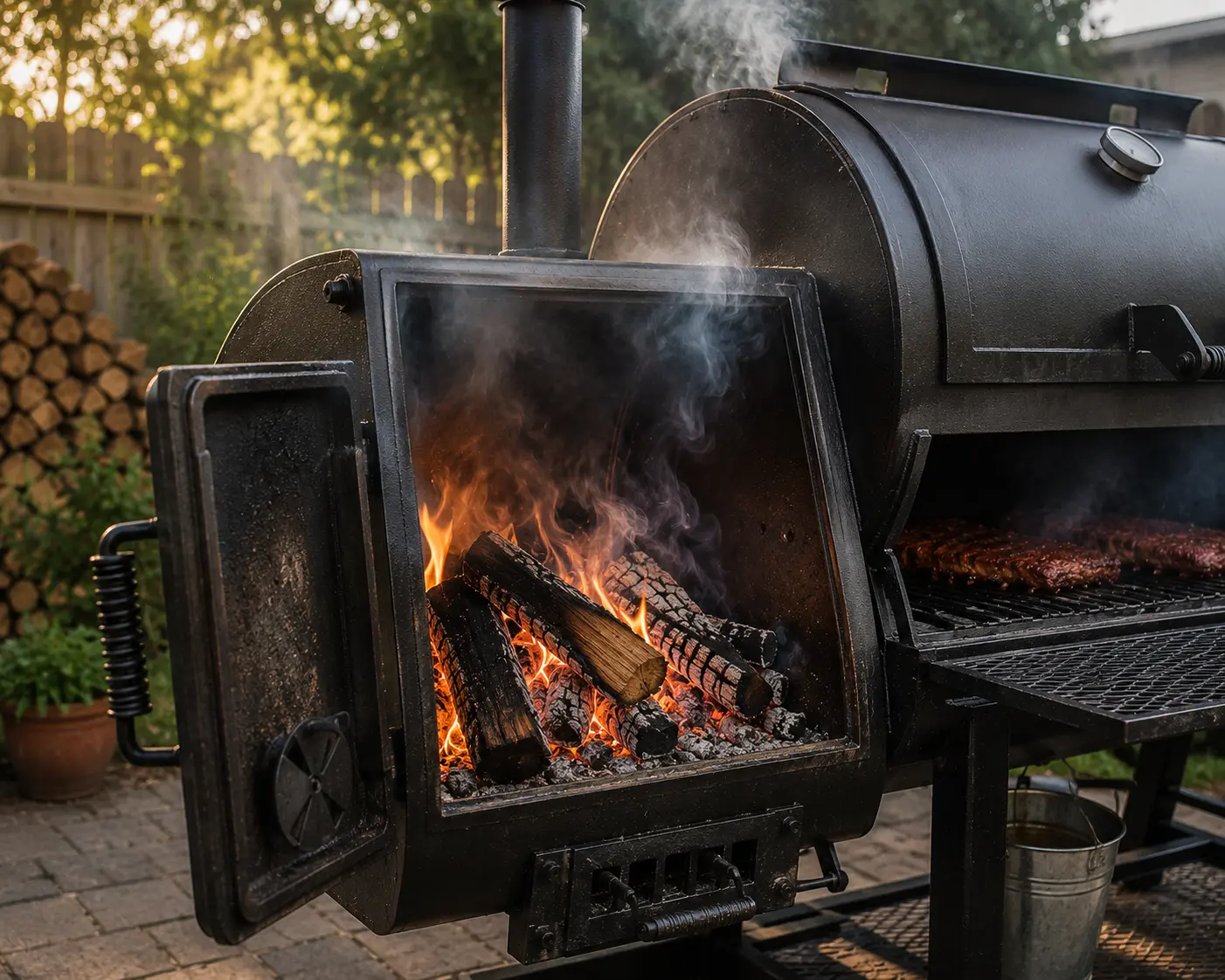 An active offset smoker running in a backyard with clean blue smoke coming from the chimney.