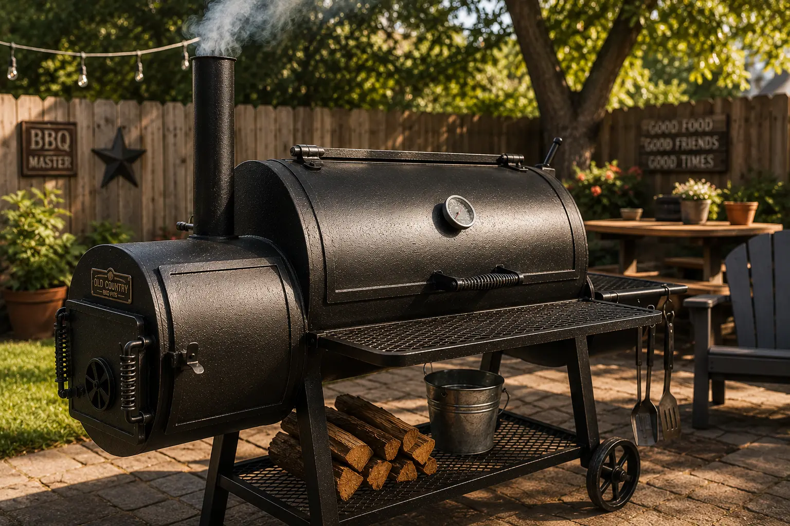 A brand new offset smoker placed in a backyard, ready to be seasoned.