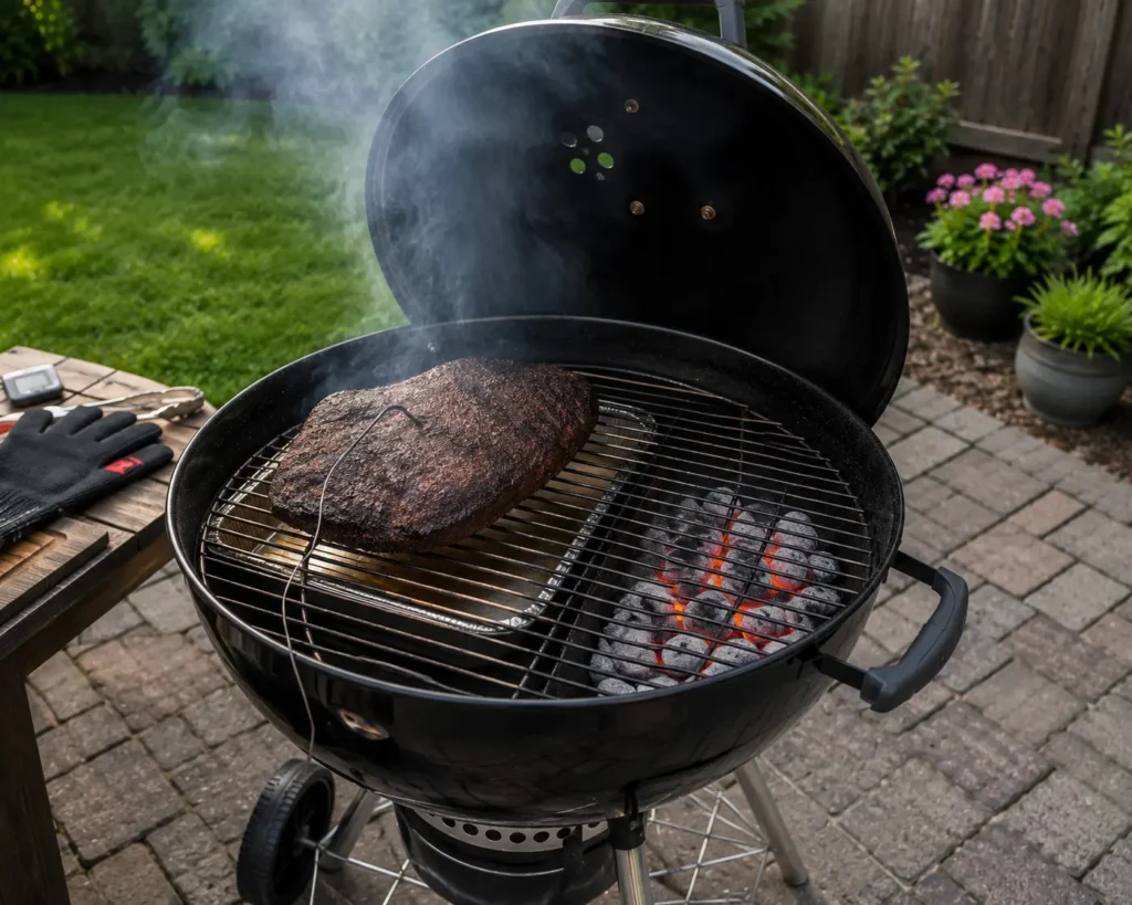 Two zone indirect heat arrangement for smoking food on a charcoal grill
