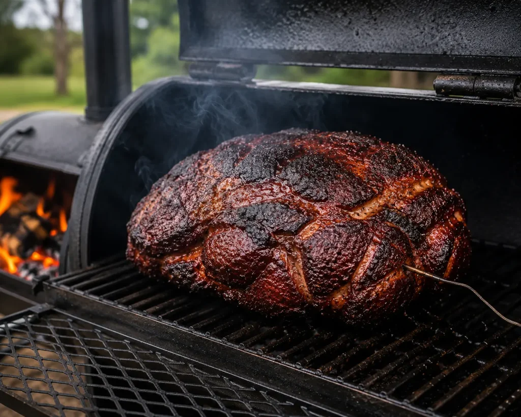 A fully smoked pork shoulder resting on the grate of an offset smoker