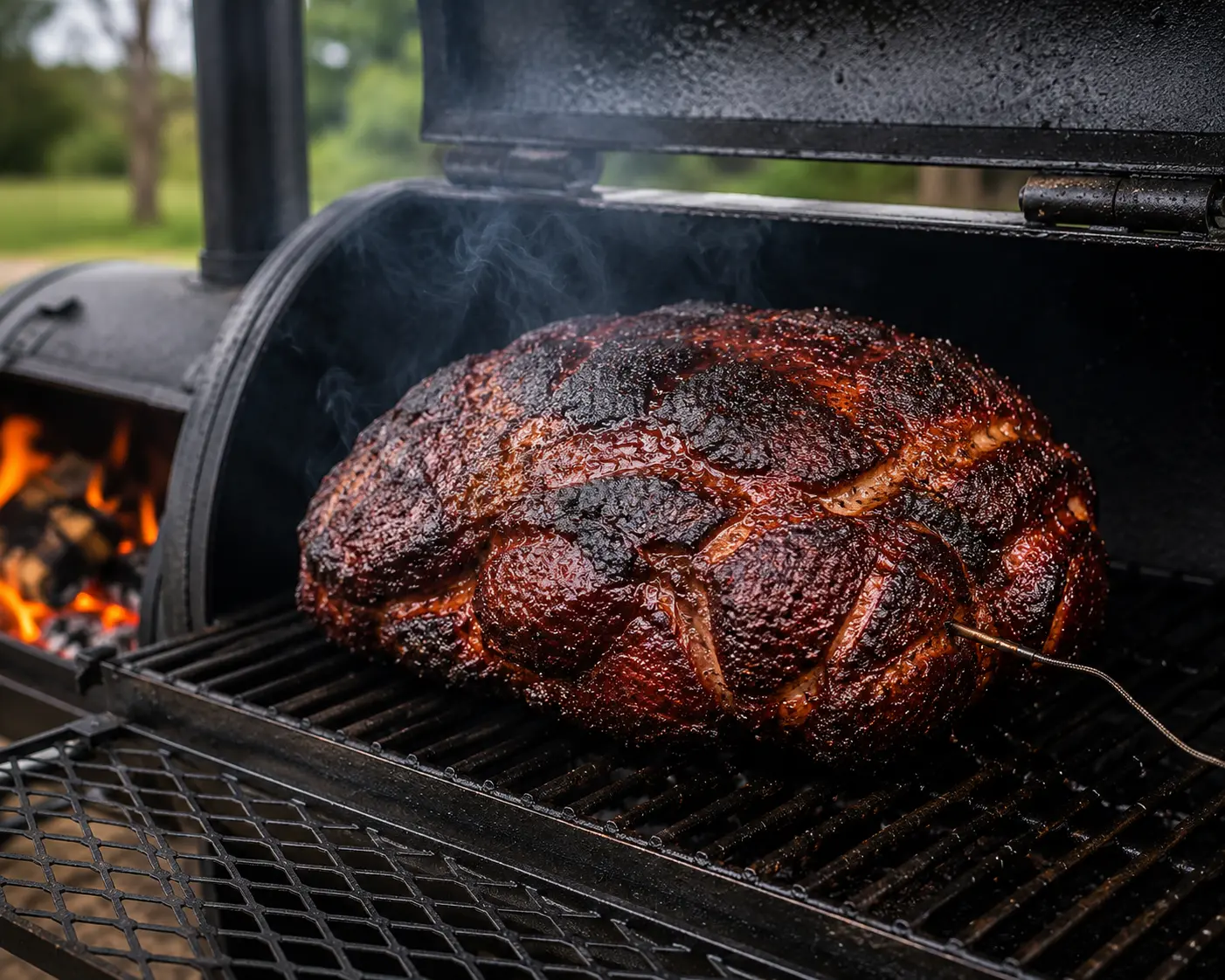 A fully smoked pork shoulder resting on the grate of an offset smoker