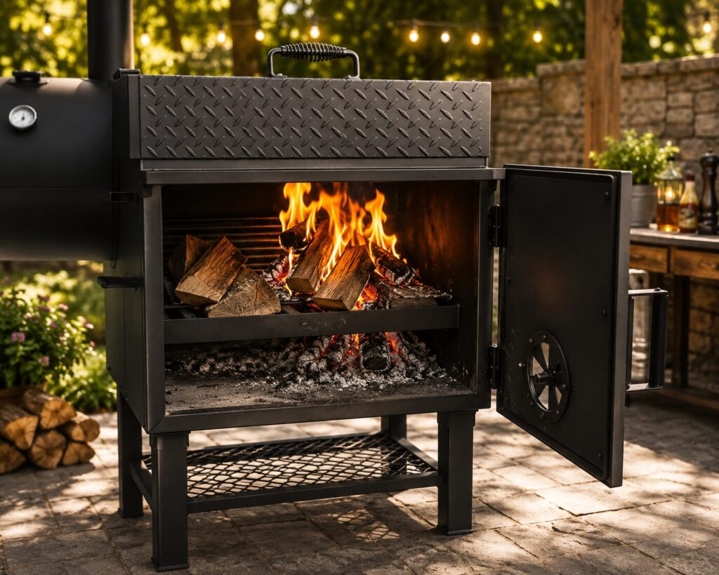 An insulated firebox of a premium offset smoker with a clean burning wood fire.