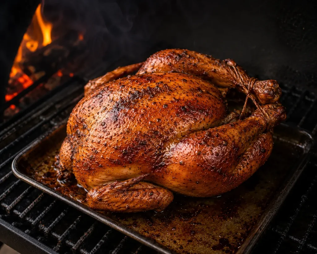 A fully cooked, golden-brown smoked chicken resting on a wooden cutting board.