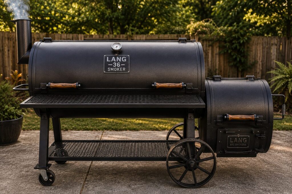 The Lang 36 heavy duty offset smoker model parked on an outdoor patio.