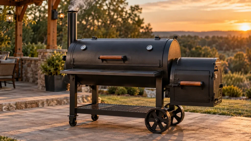 Lang BBQ offset smoker in a backyard setting with smoke rising from the chimney during a cook
