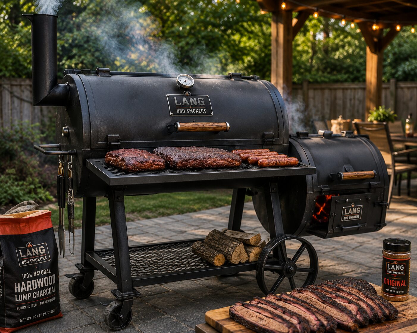 A heavy-duty Lang BBQ offset smoker operating in a backyard setup with clean blue smoke.