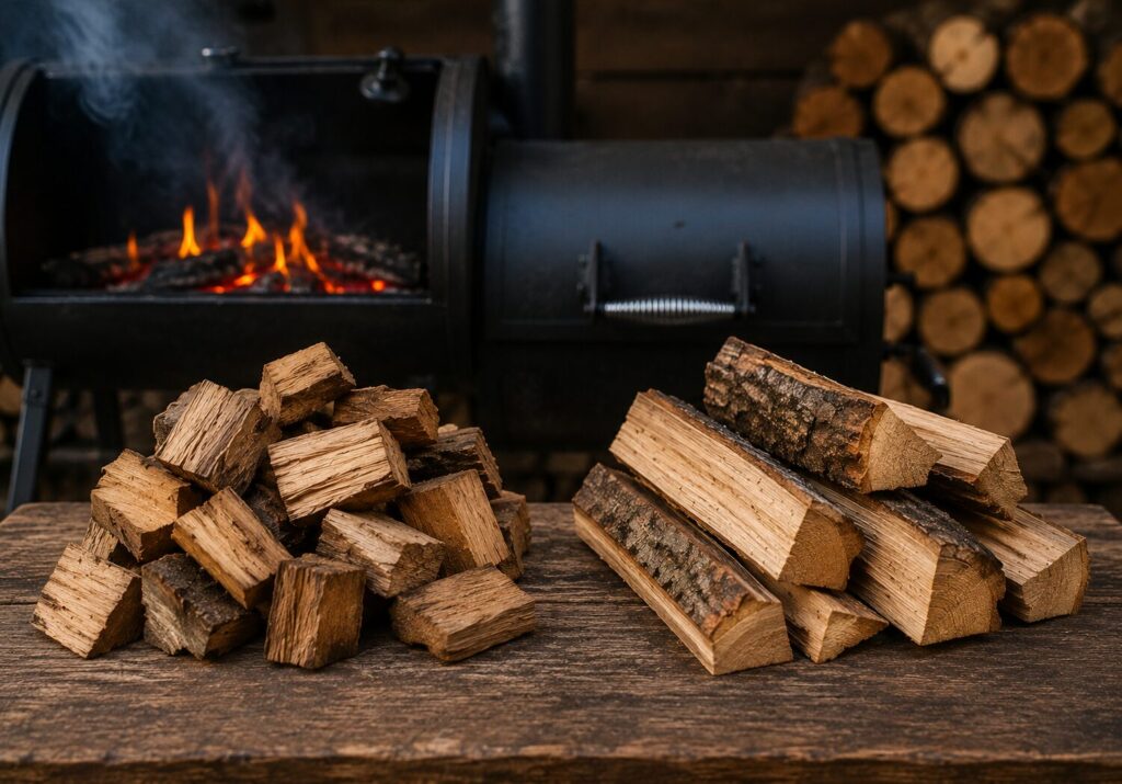 High-quality lump charcoal blended with hickory wood chunks inside an entry-level offset smoker firebox.