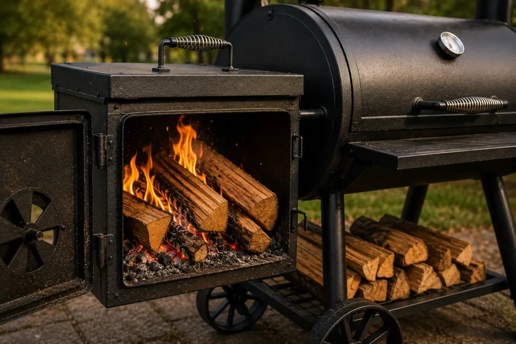 Adding hardwood logs to an offset smoker firebox for temperature control