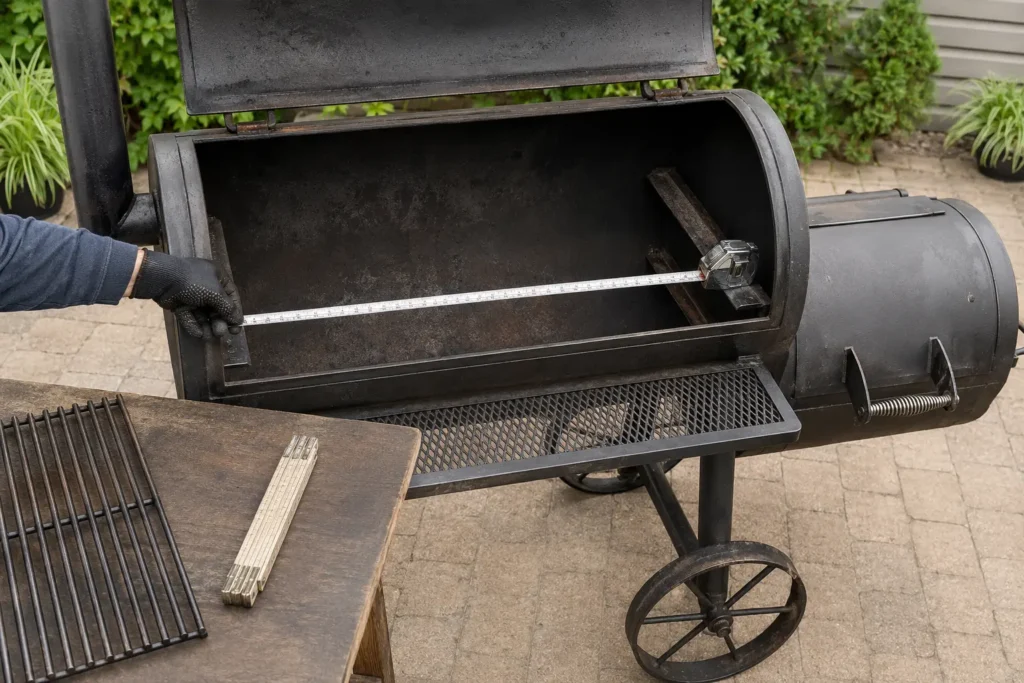 Measuring offset smoker cooking grate and chamber support rails