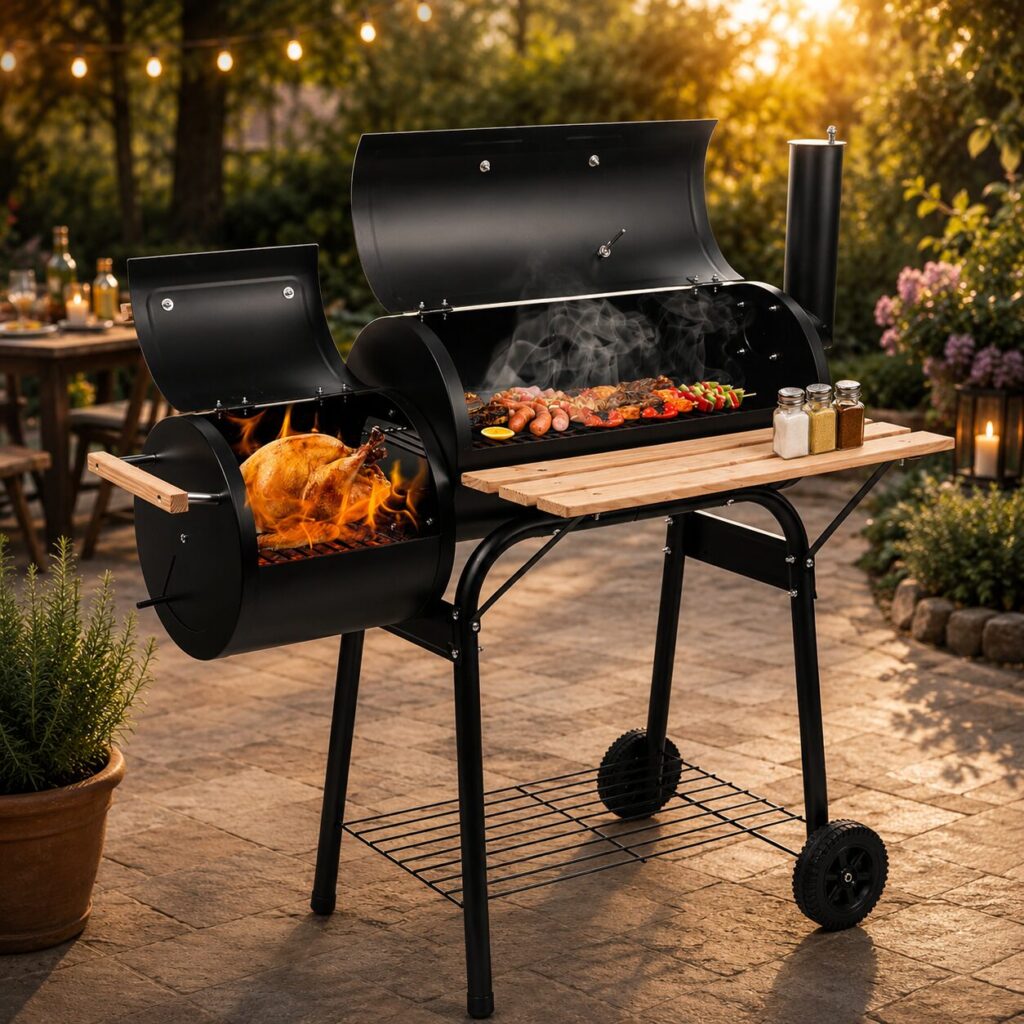 Adjustable intake and exhaust dampers on an offset smoker for precise airflow and temperature control.
