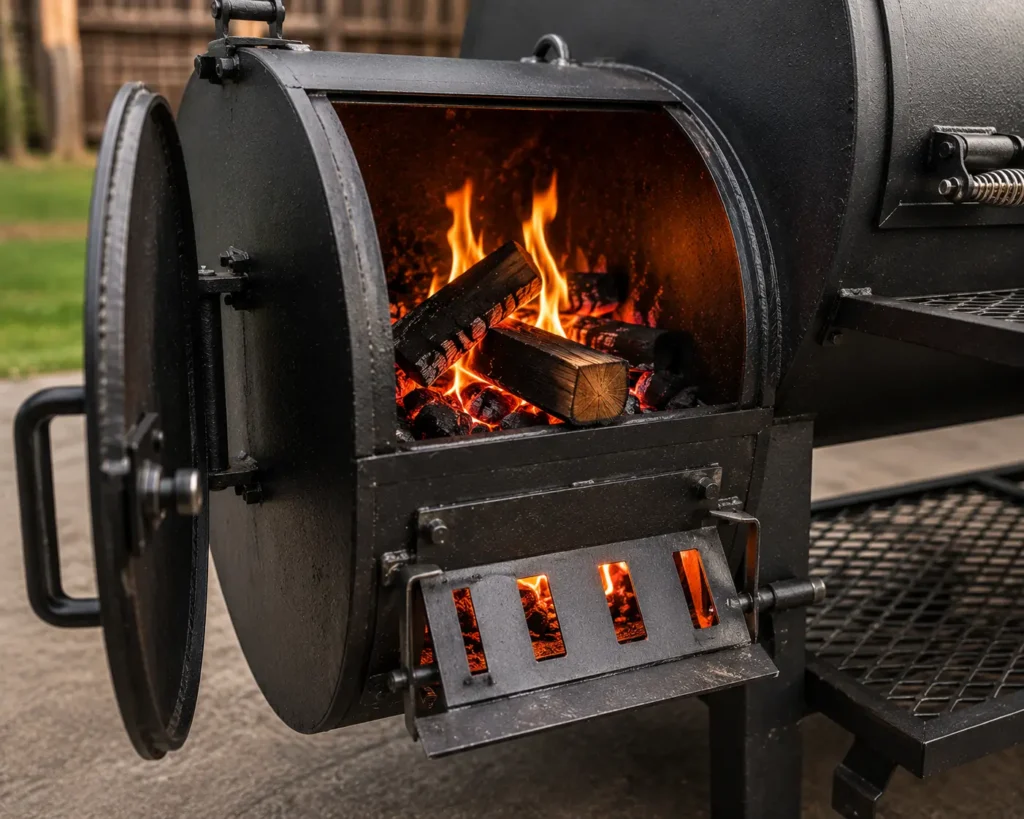 Adjustable air intake damper on an offset smoker firebox for temperature control.