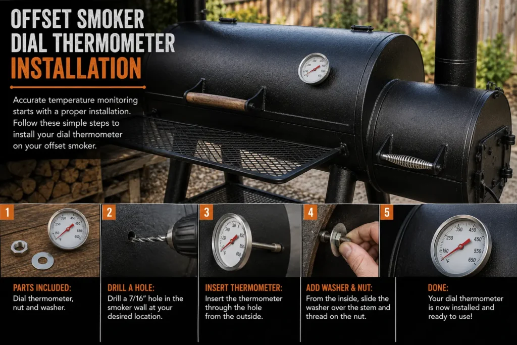 Analog dial thermometer gauge installed on offset smoker cooking chamber
