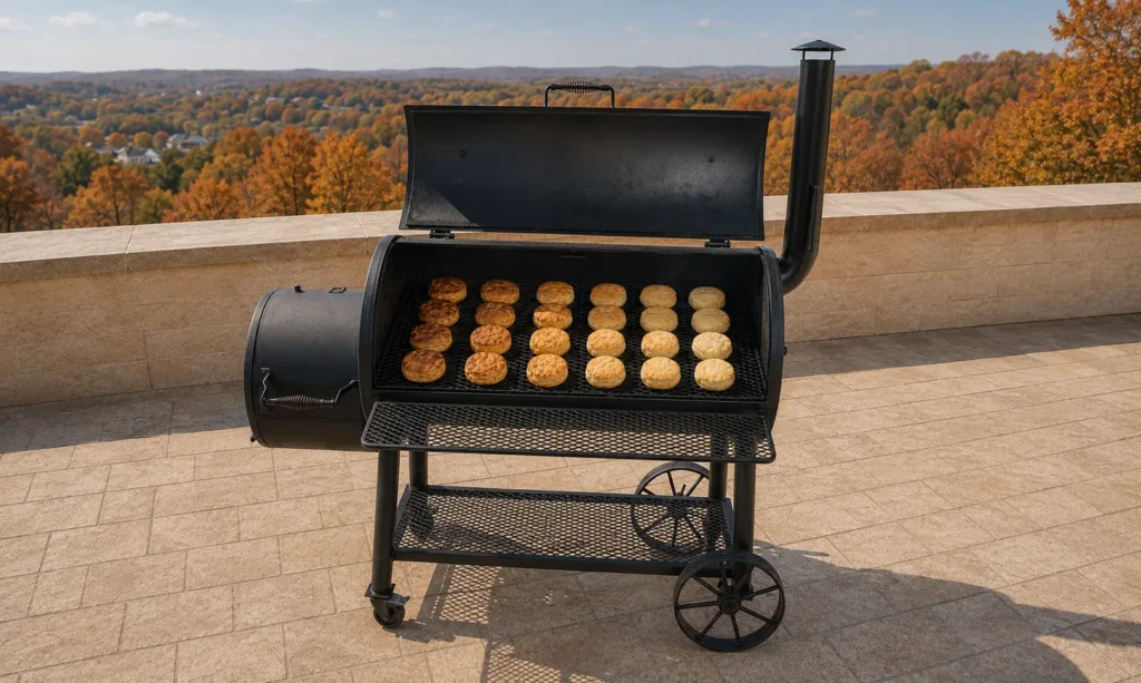 Biscuit test on offset smoker cooking grate to identify hot spots