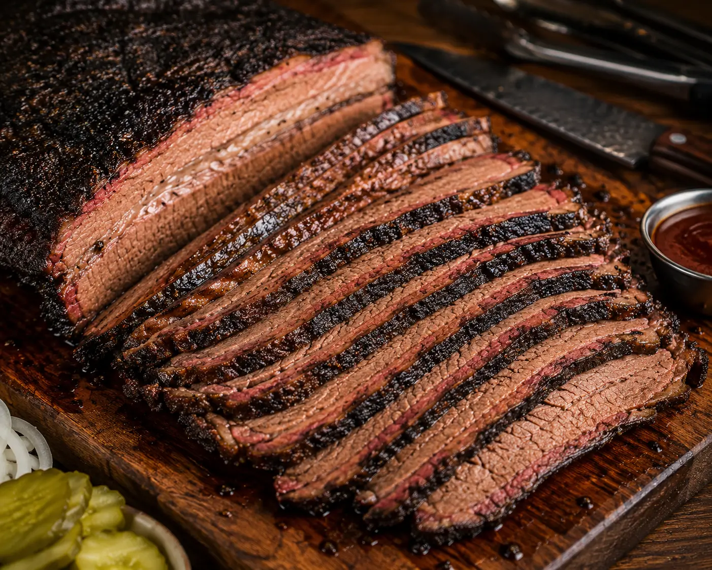 Perfectly sliced smoked brisket on a wooden cutting board showing a dark bark and smoke ring