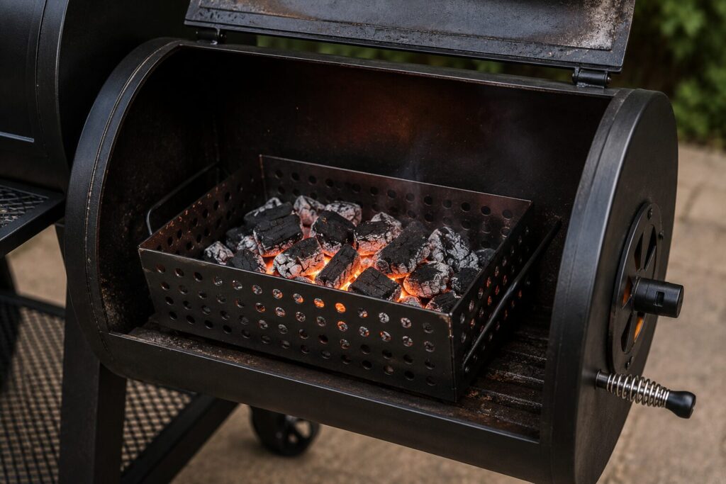 A heavy-duty steel charcoal basket placed inside an offset smoker firebox for better fuel efficiency.