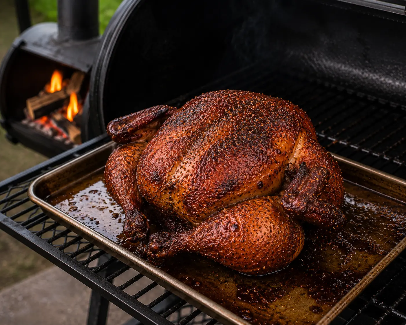 A juicy whole smoked chicken on a serving tray next to an offset smoker.