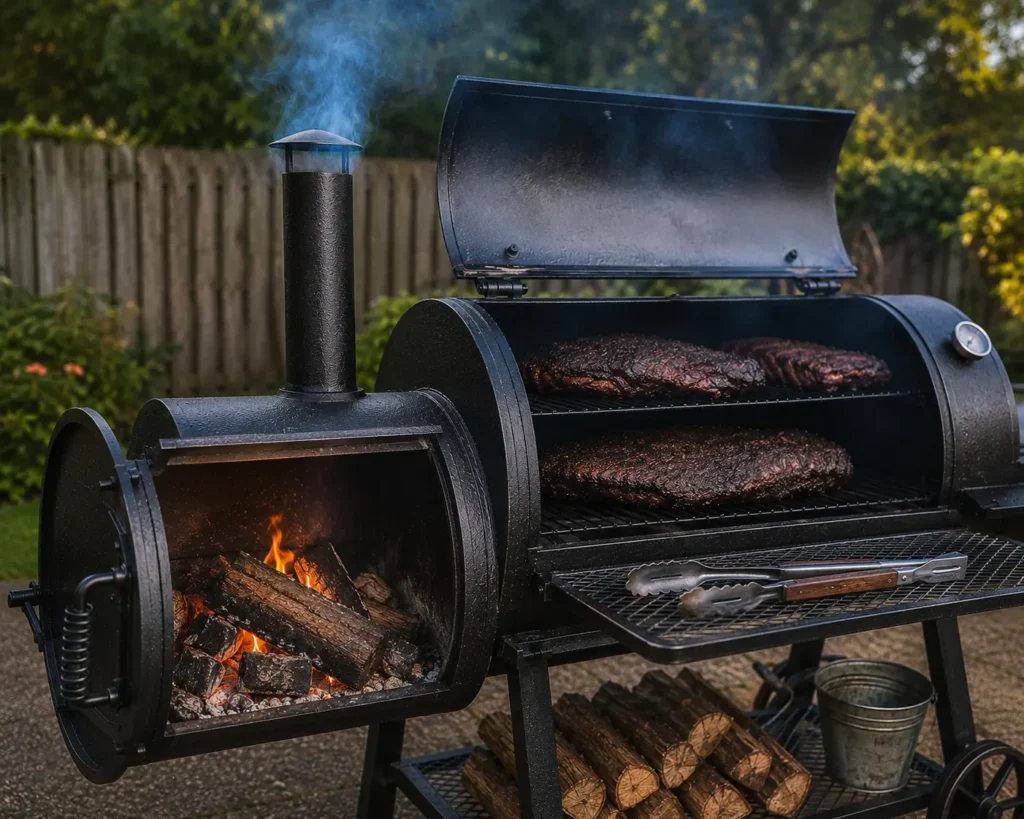 An open chimney damper of an offset smoker releasing thin blue smoke during a BBQ cook.