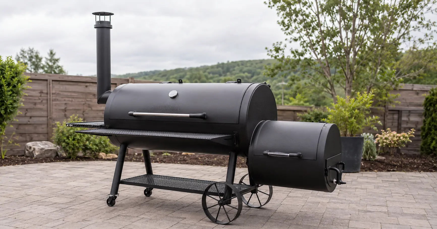 Offset smoker chimney cap installed on the smokestack