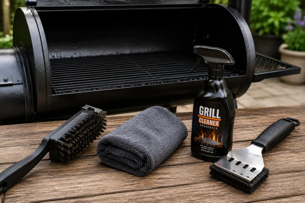 BBQ cleaning tools including a grill brush, plastic scraper, microfiber cloth, and cooking oil on a table.
