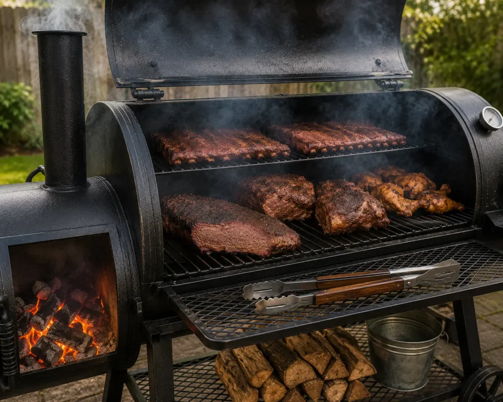 Offset smoker cooking meat at the ideal BBQ smoking temperature