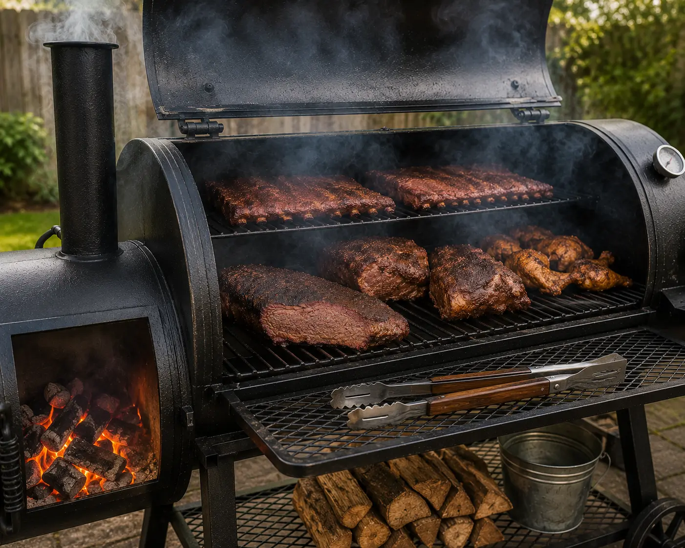 Offset smoker cooking meat at the ideal BBQ smoking temperature