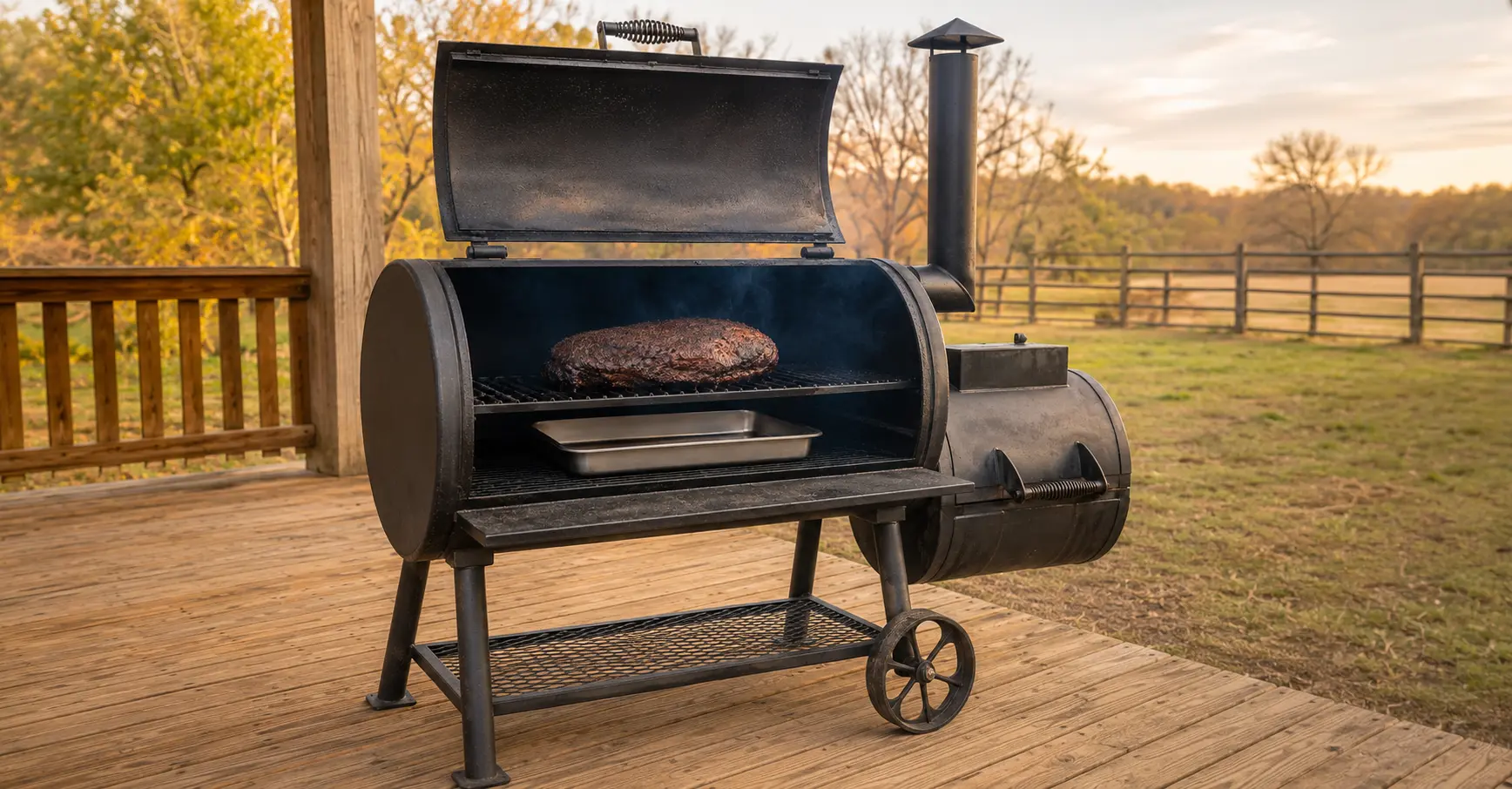 Metal drip pan positioned beneath meat inside an offset smoker