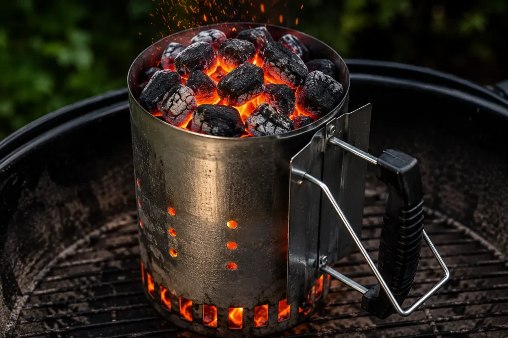 Hot glowing charcoal briquettes inside a chimney starter ready to be poured into the firebox.