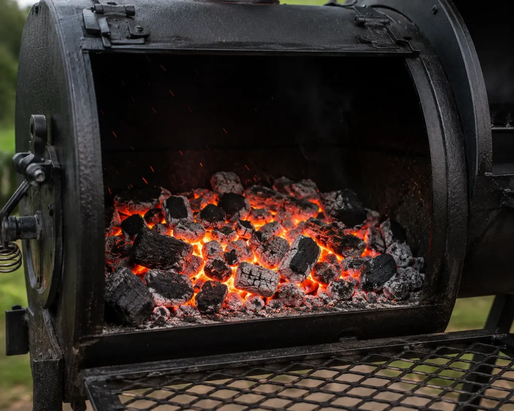 Glowing hot charcoal and a wood split inside the firebox of an offset smoker.