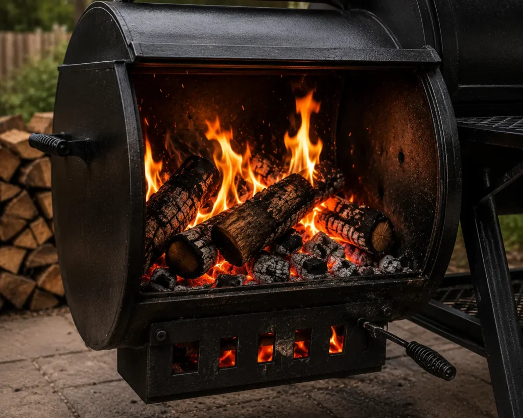 Clean burning wood fire inside an offset smoker firebox with active hot coals.