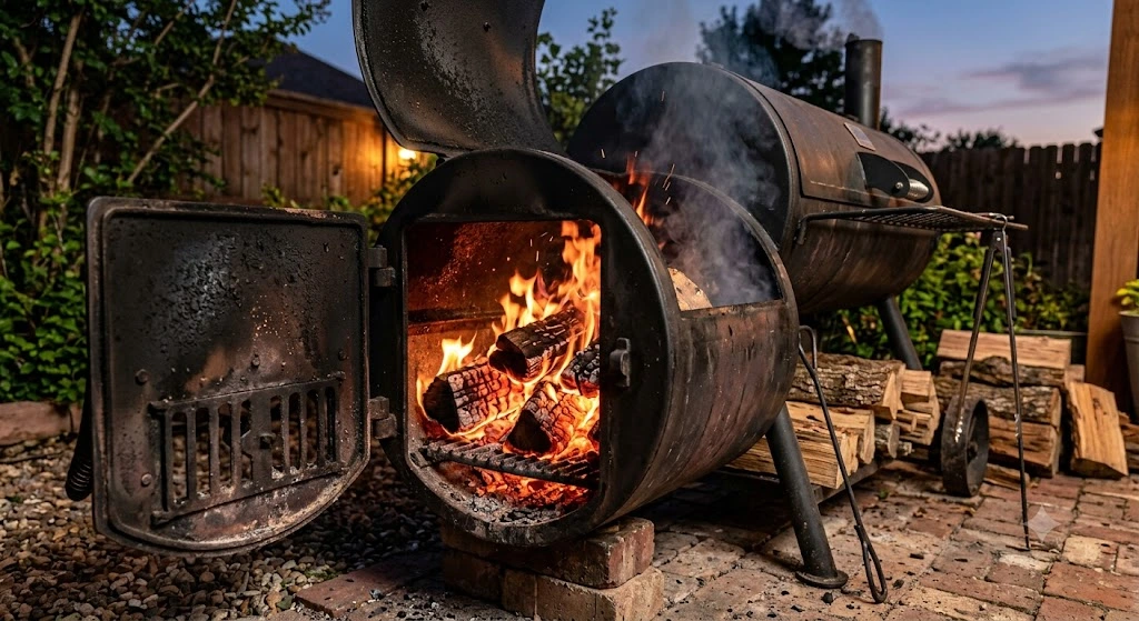 A clean burning wood fire inside an offset smoker firebox with glowing charcoal coals.