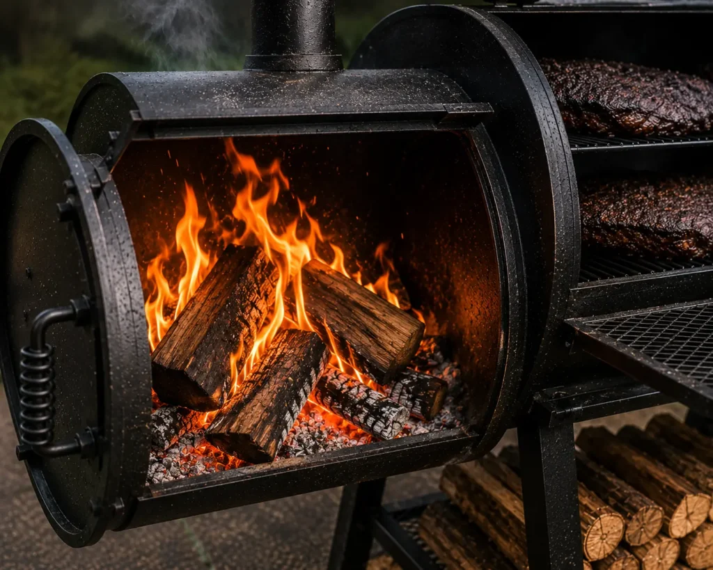 A clean burning hardwood fire inside the firebox of an offset smoker